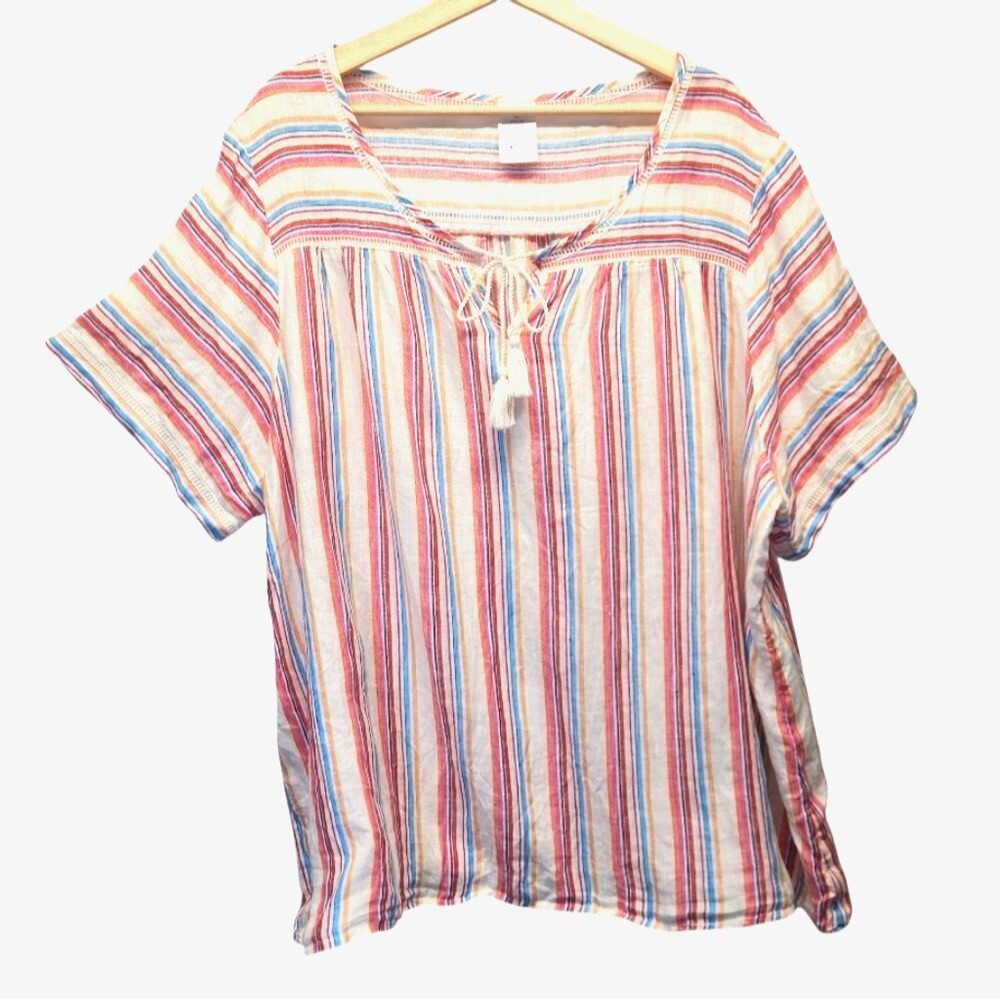 Lands' End Women's 26W 100% Linen Striped Short Sleeved Boho Tunic